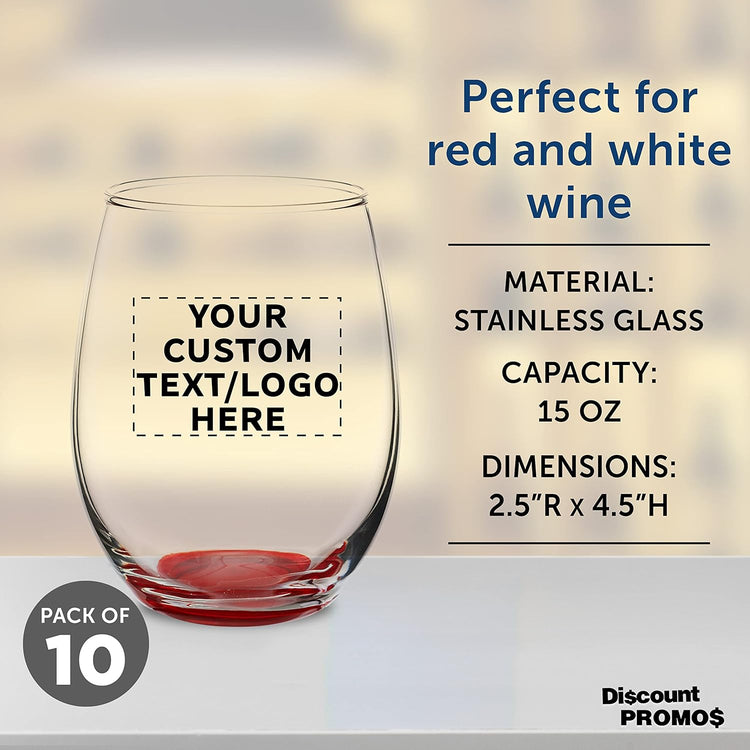 Custom Stemless Wine Glasses in Bulk by ARC Perfection, 15 oz, 10 pack, Personalized Text, Logo, Red or White Wine Glass Set, Red