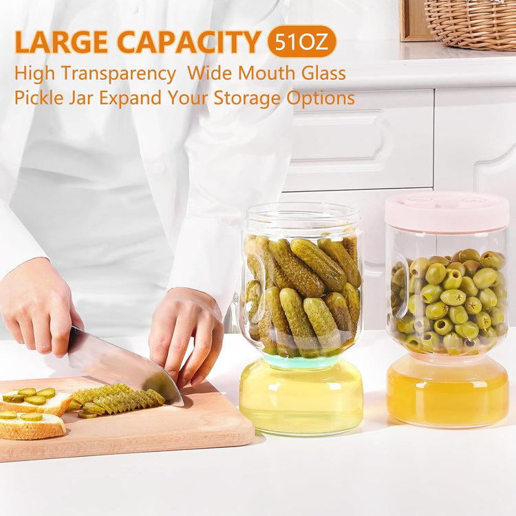 ZENS Glass Pickle Jar with Strainer Flip, 2 Pack Pickle Container Olive Hourglass Jars, Airtight Pickle Juice Separator from Wet and Dry, Pickles Storage Jar 51oz