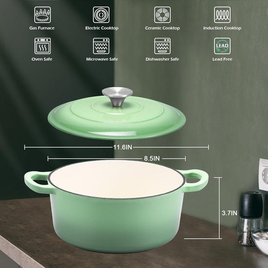 3QT Dutch Oven Pot with Lid, Leonyo 3 Quart Enameled Cast Iron Dutch Oven for Sourdough Bread Baking, Heavy Duty Cookware for Braising, Stews, Roasting, Pistachio Green - Nestoria