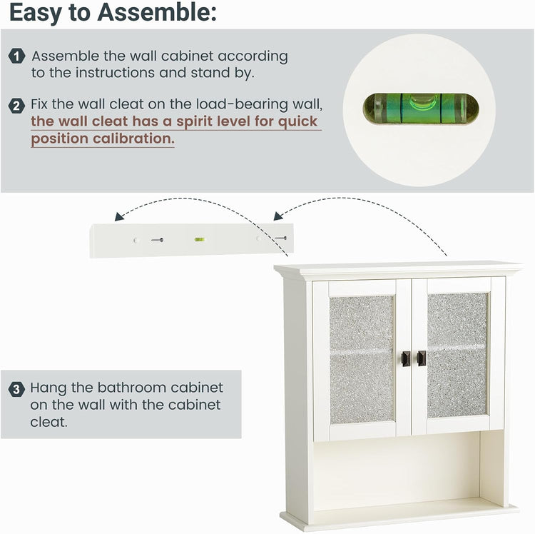 Bathroom Cabinet Wall Mount, Over Toilet Storage Cabinet with Glass Door Build-in Spirit Level Cupboard Hanging Medicine Cabinet for Bathroom Laundry Kitchen Living Room (Cream White)