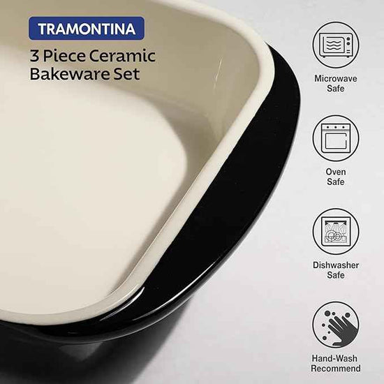 Tramontina Mae 3-Piece Ceramic Porcelain Baking Pans Set, Non Stick Casserole Dishes for Oven, Rectangular Bakeware for Lasagna, Cakes and Loafs (Black)