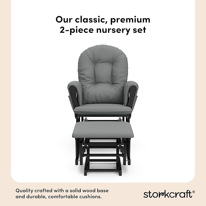 Storkcraft Premium Hoop Glider & Ottoman (Black with Gray) — GREENGUARD Gold Certified, Solid Wood Craftsmanship, Convenient Storage Pockets, Smooth-Gliding Chair for Nursery, Multi-Award-Winning