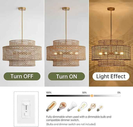 24” Rattan Chandelier for Dining Room, Large Boho 6-Light Rustic Chandeliers Light Fixture with Wicker Shade, Hand Woven Farmhouse Pendant Lighting for Kitchen Bedroom, Living Room, Foyer