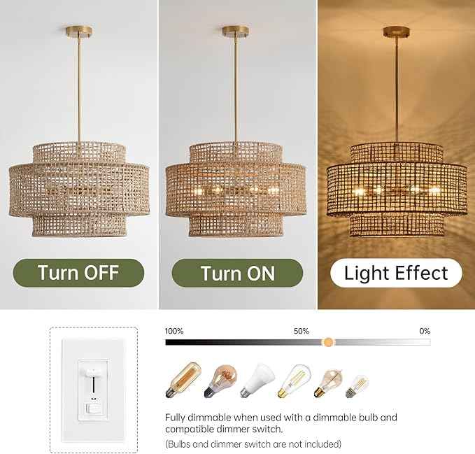 24” Rattan Chandelier for Dining Room, Large Boho 6-Light Rustic Chandeliers Light Fixture with Wicker Shade, Hand Woven Farmhouse Pendant Lighting for Kitchen Bedroom, Living Room, Foyer
