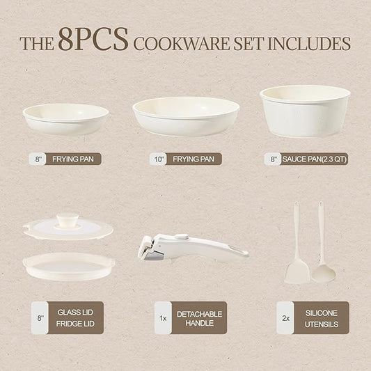 Ceramic Cookware Set Non Stick 8Pcs Pots and Pans Set Detachable Handle Induction Kitchen Cooking Set with Frying Pans Oven Dishwasher Safe, PFAS/PFOA Free, Cream White