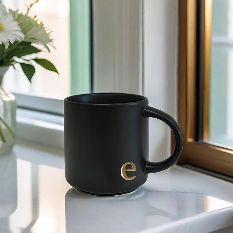 COLLECTIVE HOME - Black Monogram Ceramic Mugs, 15 oz Golden Initial Coffee Cups, Elegant Alphabet Tea Mugs, Personalized Halloween Mug with Gift Box, Perfect for Office and Home Décor (e)