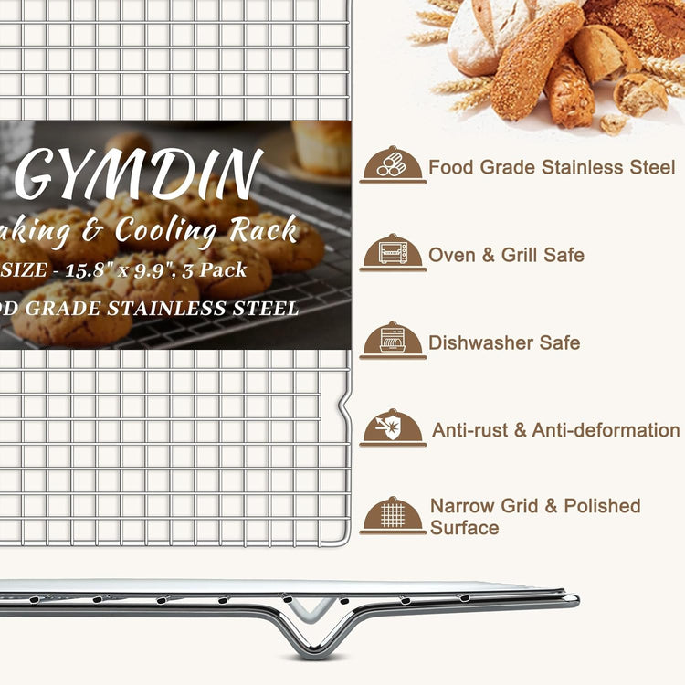Cooling Racks for Cooking and Baking - 3PCS 16" x 10" Premium Stainless Steel Wire Cookie Cooling Rack for Baking, Roasting, and More - Oven & Dishwasher Safe - Fits Jelly Roll Pan