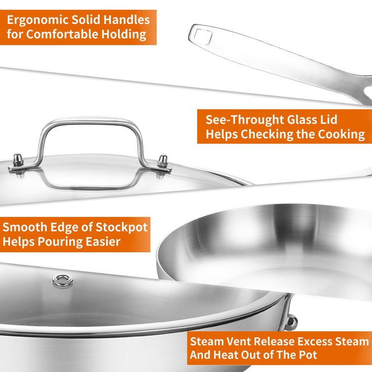 Tri Ply Stainless Steel Frying Pan Set 8" 10" with Lid Skillet