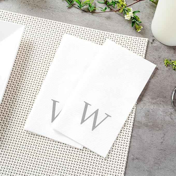 Luxenap 15.8 X 7.9 Inch Linen-Feel Guest Towels, 50 Lettered Hand Towels - Silver Letter 'W', Sans Serif Font, White Paper Dinner Napkins, airlaid, For Restrooms And Tables - Restaurantware