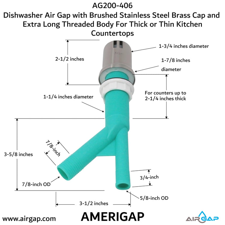Dishwasher Air Gap with Skirted Brushed Stainless Steel Brass Cap and Extra Long Threaded Body for Thick or Thin Kitchen Countertops