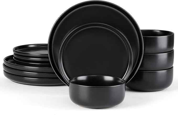 E-far Stoneware Dinnerware Sets for 4, 12-Piece Plates and Bowls Set, Modern Ceramic Dishes Dinning Ware, Microwave & Dishwasher Safe - Matte Black