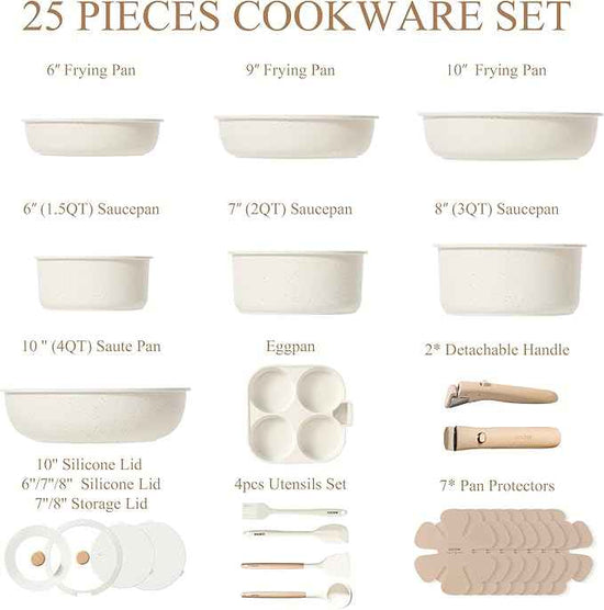 CAROTE Pots and Pans Set Non Stick, Cookware Sets, Kitchen Set, Oven/Dishwasher/Fridge Safe, Space Saving Pots Set, Nonstick Set with Versatile Detachable Handle, Induction RV Set, Cream