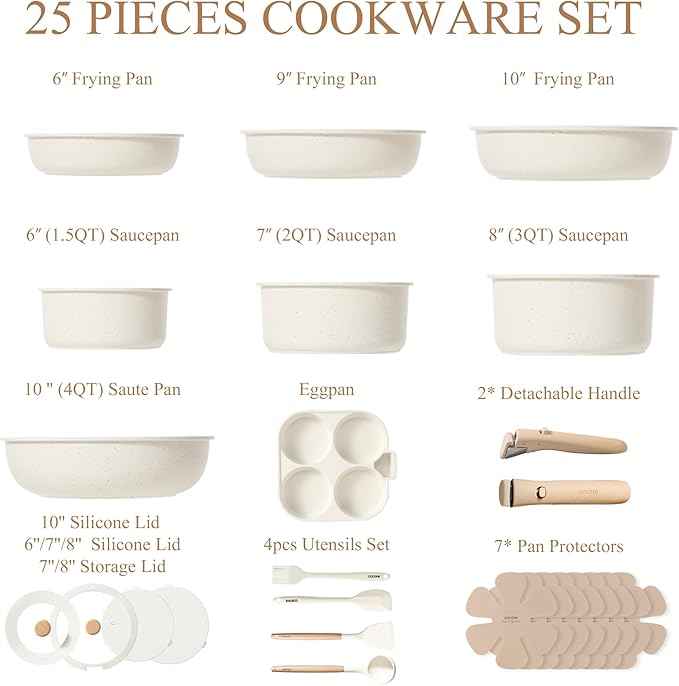 CAROTE Pots and Pans Set Non Stick, Cookware Sets, Kitchen Set, Oven/Dishwasher/Fridge Safe, Space Saving Pots Set, Nonstick Set with Versatile Detachable Handle, Induction RV Set, Cream
