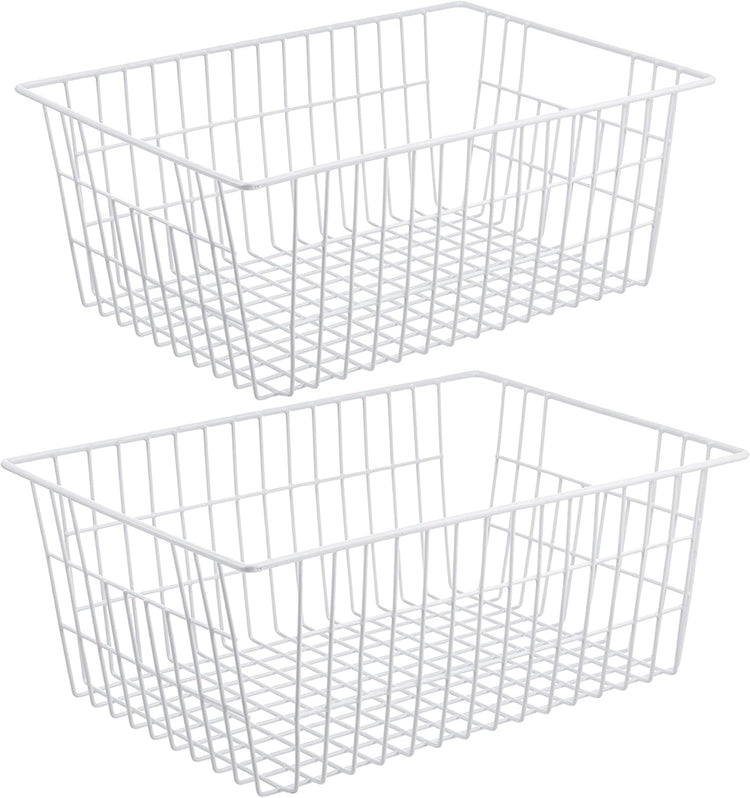 Redrubbit Wire Storage Baskets, Large Farmhouse Metal Freezer Basket Storage Organizer Bins with Handles for Kitchen Cabinets, Pantry, Closets, Bedrooms, Bathrooms, Set of 2, White