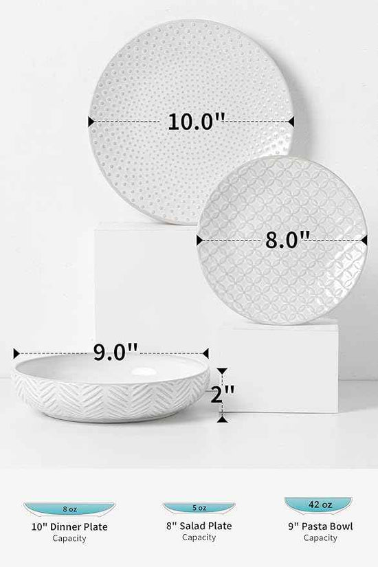 24-Piece Embossed Ceramic Dinnerware Set–8 Dinner Plates, 8 Salad Plates, 8 Pasta Bowls,Elegant & Durable Tableware for Large Families, Dishwasher & Microwave Safe