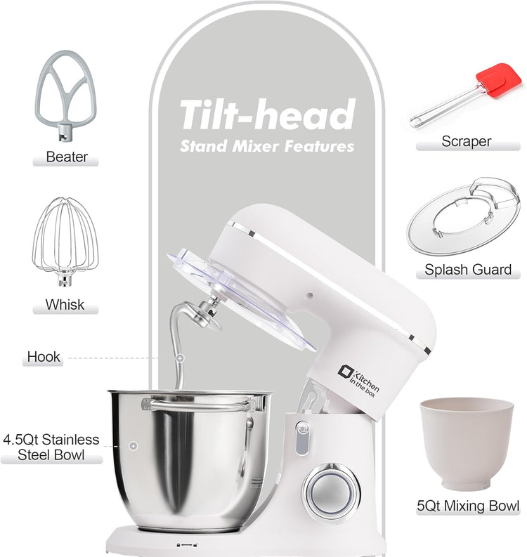 Kitchen in the box Stand Mixer, 5QT+4.5QT Two bowls Electric Food Mixer, 10 Speeds 3-IN-1 Kitchen Mixer for Daily Use with Egg Whisk,Dough Hook,Flat Beater (Frost White, 5QT)