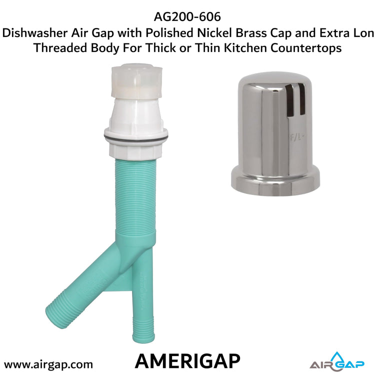 Dishwasher Air Gap with Skirted Polished Nickel Brass Cap and Extra Long Threaded Body for Thick or Thin Kitchen Countertops