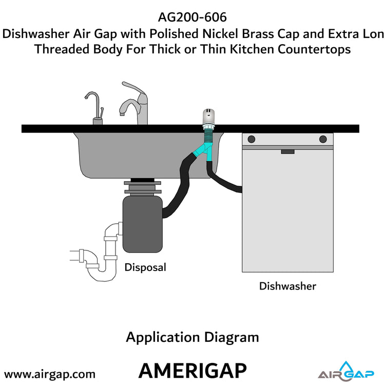 Dishwasher Air Gap with Skirted Polished Nickel Brass Cap and Extra Long Threaded Body for Thick or Thin Kitchen Countertops