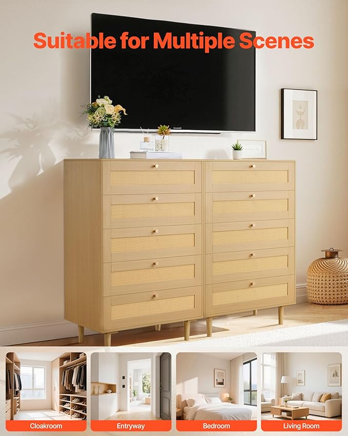 VEVOR 5 Drawer Rattan Dresser, 42" Tall Dresser for Bedroom, Boho Dresser Chest of Drawers with Gold Handles & Wooden Legs, Wood Clothing Storage Closet for Nursery, Living Room, Hallway, Natural Oak