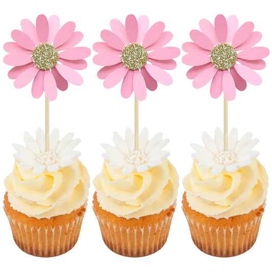 24Pcs Daisy Cupcake Toppers Flower Cake Topper Decorations Daisy Cake Decorations Chrysanthemum Cupcake Toppers Spring Daisy Flower Cake Picks for Birthday Wedding Supplies Light Pink (24 Count)