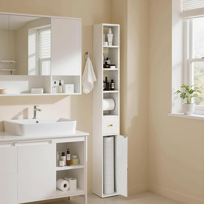 VECELO Storage Cabinet, 67" Tall Narrow Bathroom Cabinet with 3 Adjustable Shelves, Toilet Paper Holder, Magnetic Door & Drawer, for Small Spaces, Pearl White