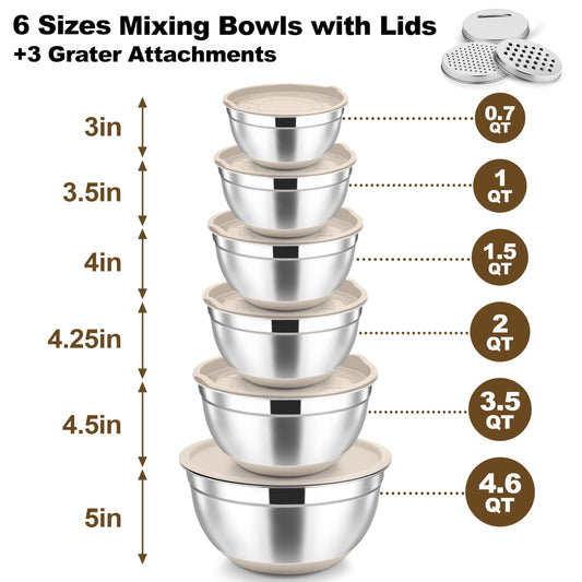 Mixing Bowls Stainless Steel Salad Bowl with Lid & Graters (6 Count)