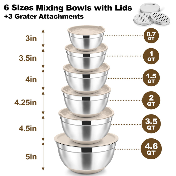Mixing Bowls Stainless Steel Salad Bowl with Lid & Graters (6 Count)