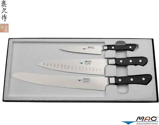 MAC Knife set Professional series 3-piece PRO-31, MTH-80 Pro series 8" Chef's knife w/dimples, PKF-50 Pro series 5" Paring knife, MSB-105 Pro series 10.5" Bread/Roast slicer, made in Japan