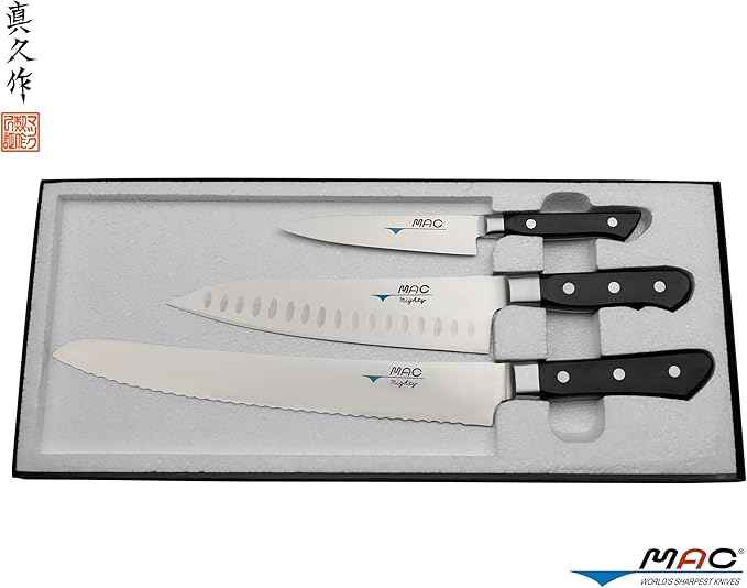 MAC Knife set Professional series 3-piece PRO-31, MTH-80 Pro series 8" Chef's knife w/dimples, PKF-50 Pro series 5" Paring knife, MSB-105 Pro series 10.5" Bread/Roast slicer, made in Japan