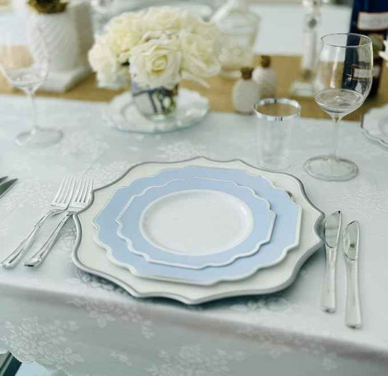 " OCCASIONS " 200 Piece set (25 Guests)-Wedding Plastic Plates & cutlery -Disposable heavyweight Dinnerware 10.5'', 8''+Silverware+10oz Cups+Napkins (Imperial in White & Blue & Silver)