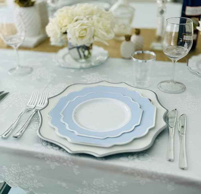 " OCCASIONS " 200 Piece set (25 Guests)-Wedding Plastic Plates & cutlery -Disposable heavyweight Dinnerware 10.5'', 8''+Silverware+10oz Cups+Napkins (Imperial in White & Blue & Silver)