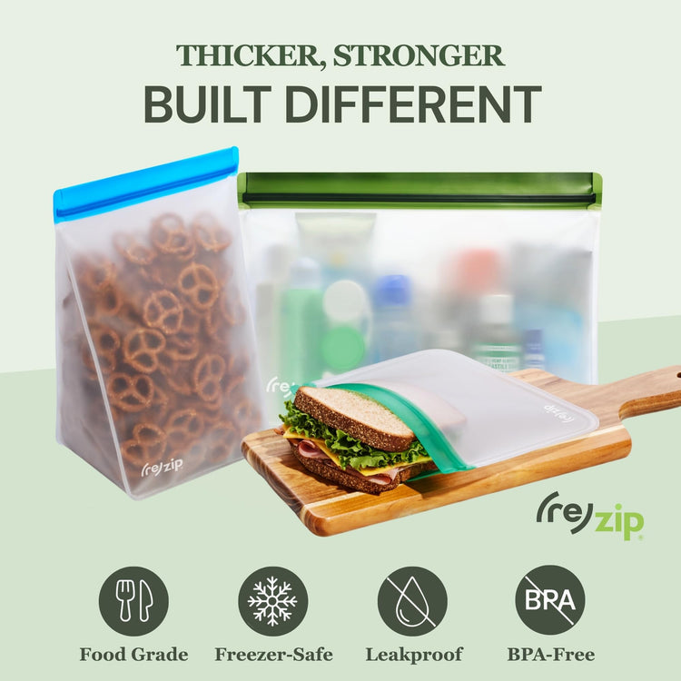 re) zip 8-Piece Deluxe Bundle Reusable Storage Bags | BPA-Free, Food Grade, Leakproof, Freezer and Dishwasher Safe (Green, Aqua)