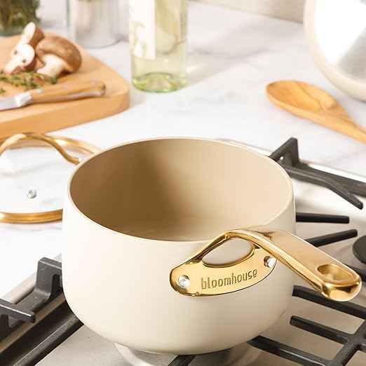 Bloomhouse - Two Time Oprah's Favorite Things Winner - 3 Quart Heavy Duty Aluminum Premium PFA Free Ceramic Nonstick Saucepan with Lid - Almond Cream w/Gold Handle