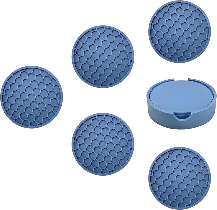 5-Piece Silicone Coasters Set with Holder - 3.9“ Non-Slip & Anti-Overflow Design for Hot/Cold Drinks | Thickened Kitchen & Living Room Decor, Housewarming Gifts for Men (Coffee, Beer, All Cup Types)