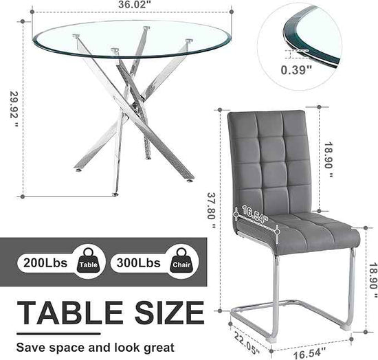 AF ARTISAN FURNITURE 5 Piece Round Glass Dining Table Set, Silver Glass Kitchen Table Set for 4 Modern Table Set with 4 Grey PU Upholstered Dining Chairs, for Small Space, Breakfast Nook