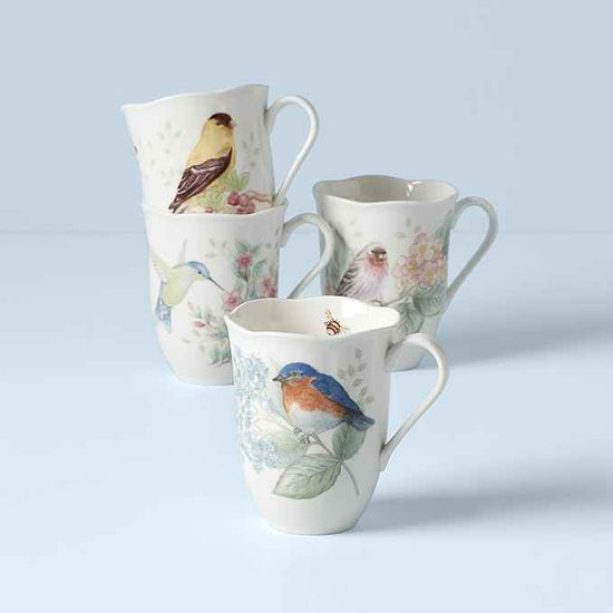 Lenox Coffee Mug Set, Butterfly Meadow Flutter 4-Piece Mugs, Service For 4, 12 Ounce Mug, Chip Resistant White Porcelain, Microwave And Dishwasher Safe, Ceramic Mugs, Coffee Cups (Assorted, 4 Piece)
