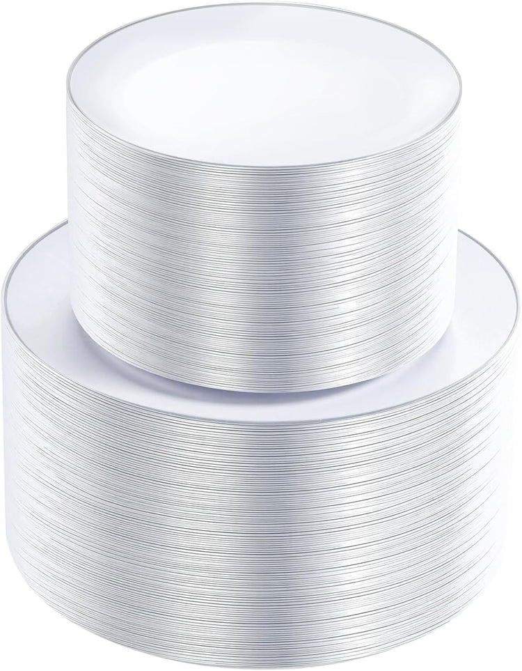 KIRE 200PCS Silver Plastic Plates - White Plastic Plates with Silver Rim Include 100 Dinner Plate and 100 for Dessert/Salad Plate for Birthday/Wedding/Party
