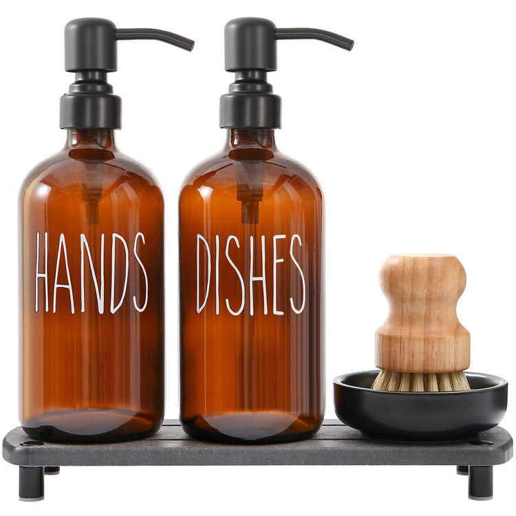 Amber Glass Soap Dispenser Set Comes with Stainless Steel Pumps