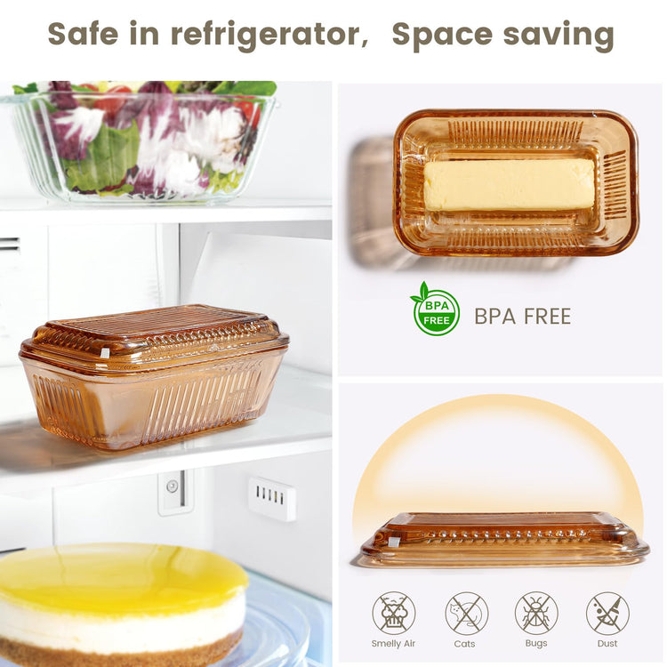 Wide Vintage Country Amber Glass Butter Dish with Lid