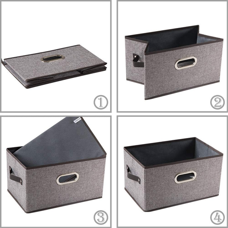 PRANDOM Fodable Storage Bins for Closet [3-Pack] Decorative Fabric Storage Baskets Cubes with Leather/Metal Handles for Shelves Bedroom Living Room Grey (11.5x8.5x6.7 Inch)