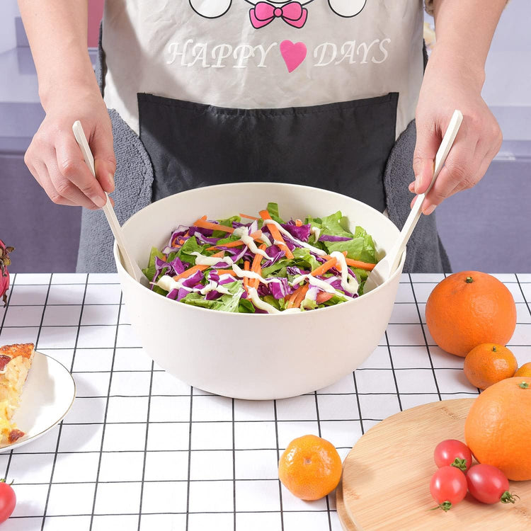 Bamboo Fiber Salad Bowl with Servers Set Large 9.8inches Nature Bamboo Mixing Bowl with Servers with Lid Spoon and Fork for Fruits,Salads and Vegetables