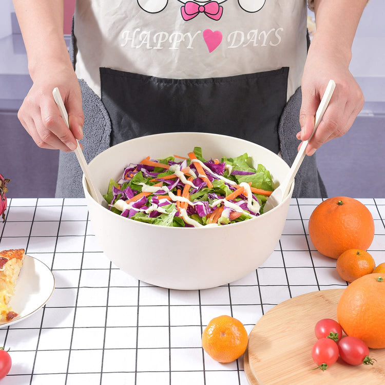 Bamboo Fiber Salad Bowl with Servers Set Large 9.8inches Nature Bamboo Mixing Bowl with Servers with Lid Spoon and Fork for Fruits