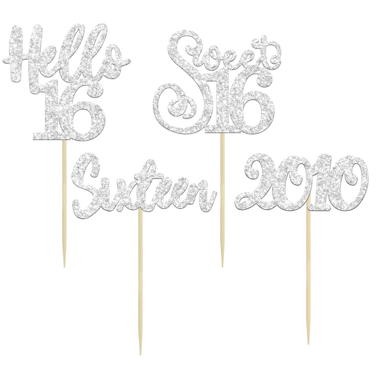 24Pcs 16th Birthday Cupcake Toppers Silver Glitter Hello 16 Sweet 16 Cupcake Picks 2010 16th Birthday Cake Decorations for Celebrating Anniversary Party Supplies (24 Count)