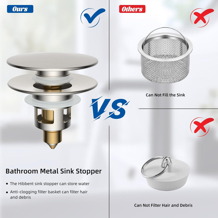 Hibbent All Metal 2 in 1 Bathroom Sink Stopper, Universal Pop Up Drain Strainer, Brass Bullet Core Push Type Sink Stopper for 1.1''~2.3'' Basin, Big Push Button, Anti Clogging Filter, Brushed Nickel