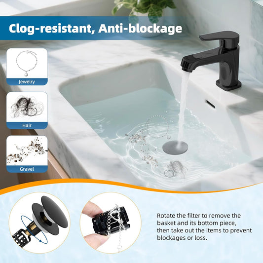 Hibbent Upgraded 3 in 1 Bathroom Sink Drain Strainer, Pop Up Sink Stopper with Big Push Cap, Anti-Clogging Metal Filter Basket,Sink Plug with Hair Catcher for 1.1''~2.36'' Basin, Matte Black
