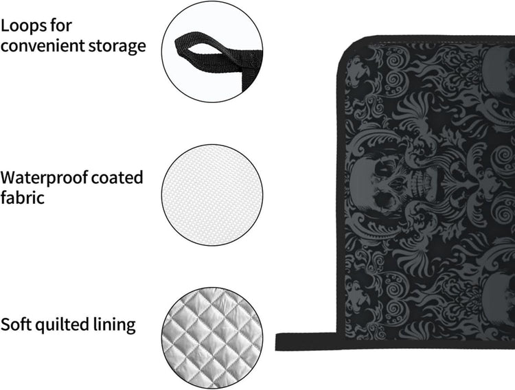 Victorian Gothic Black Skull Damask Oven Mitts and Pot Holders Sets of 4,Resistant Hot Pads with Polyester Non-Slip BBQ Gloves for Kitchen,Cooking,Baking,Grilling