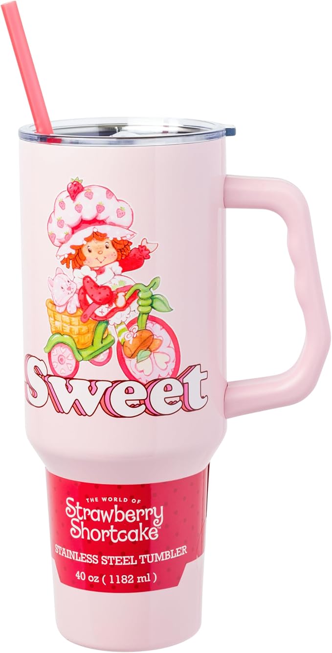Silver Buffalo Strawberry Shortcake and Custard “Sweet” Double Walled Stainless Steel Tumbler with Handle, Fits in Standard Cup Holder, 40 Ounces