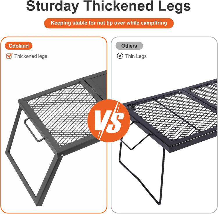 Odoland Folding Campfire Grill, Heavy Duty Steel Mesh Grate with Folding Legs and Storage Bag, Portable Camping Grates, Over Fire Pit Grill Rack for Outdoor Cooking and Bonfire