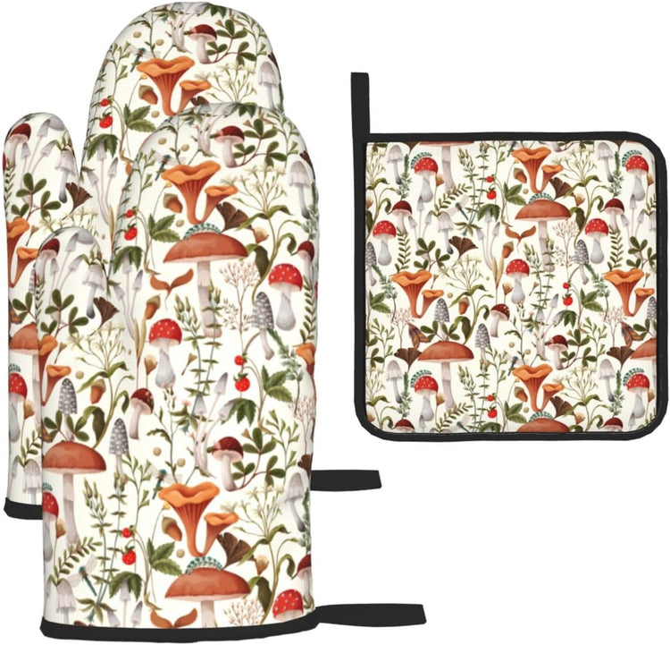 Boho Mushroom Decor Oven Mitts and Pot Holders Sets of 3 Hot Pads Cute Botanic Plant Beige Oven Gloves Heat Resistant Non Slip Washable for Kitchen Cooking Grilling Baking