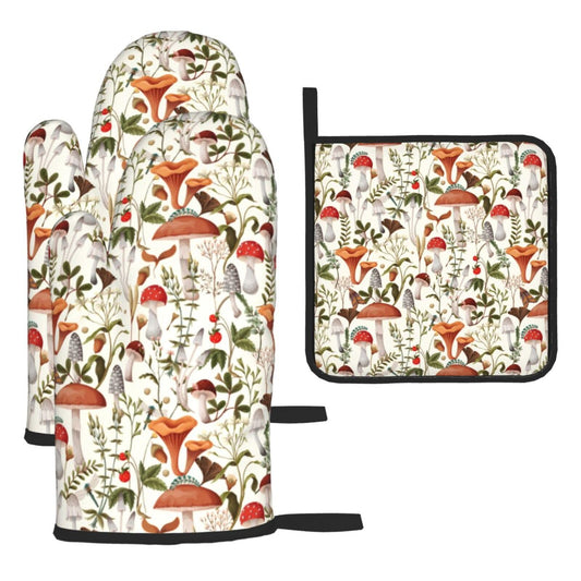 Boho Mushroom Decor Oven Mitts and Pot Holders Sets of 3 Hot Pads (3 Count)
